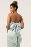 Green Flower Sheath Strapless Satin Long Bridesmaid Dress with Bow