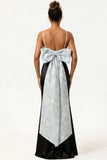 Blue Floral Spaghetti Straps Mermaid Satin Bridesmaid Dress with Bow