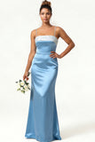 Blue Floral Spaghetti Straps Mermaid Satin Bridesmaid Dress with Bow