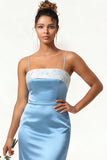 Blue Floral Spaghetti Straps Mermaid Satin Bridesmaid Dress with Bow