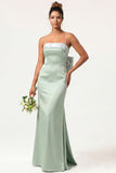 Blue Floral Spaghetti Straps Mermaid Satin Bridesmaid Dress with Bow
