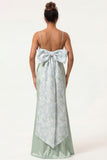 Blue Floral Spaghetti Straps Mermaid Satin Bridesmaid Dress with Bow
