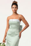 Blue Floral Spaghetti Straps Mermaid Satin Bridesmaid Dress with Bow