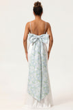 Blue Floral Spaghetti Straps Mermaid Satin Bridesmaid Dress with Bow