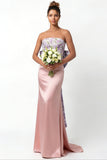 Blush Pink Flower Mermaid Strapless Satin Long Bridesmaid Dress with Bow