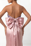 Blush Pink Flower Mermaid Strapless Satin Long Bridesmaid Dress with Bow