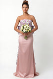 Blush Pink Flower Mermaid Strapless Satin Long Bridesmaid Dress with Bow