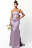 Blush Pink Flower Mermaid Strapless Satin Long Bridesmaid Dress with Bow