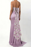 Blush Pink Flower Mermaid Strapless Satin Long Bridesmaid Dress with Bow