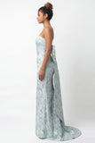 White Blue Floral Strapless Printed Mermaid Long Bridesmaid Dress with Bow