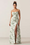 Floral Green Sheath Printed Ruched Long Bridesmaid Dress with Slit