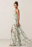 Floral Green Sheath Printed Ruched Long Bridesmaid Dress with Slit