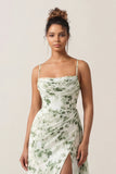 Floral Green Sheath Printed Ruched Long Bridesmaid Dress with Slit
