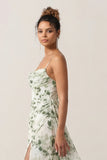 Floral Green Sheath Printed Ruched Long Bridesmaid Dress with Slit