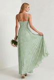 Sage Green Floral A Line Corset Pleated Long Bridesmaid Dress