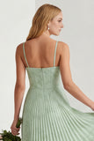 Sage Green Floral A Line Corset Pleated Long Bridesmaid Dress