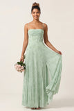 Sage Green Floral A Line Corset Pleated Long Bridesmaid Dress with Slit