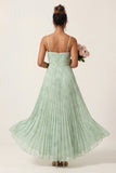 Sage Green Floral A Line Corset Pleated Long Bridesmaid Dress with Slit