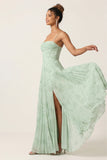 Sage Green Floral A Line Corset Pleated Long Bridesmaid Dress with Slit