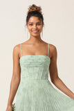 Sage Green Floral A Line Corset Pleated Long Bridesmaid Dress with Slit