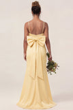 Daffodil Mermaid Spaghetti Straps Satin Long Bridesmaid Dress with Bow