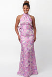 Halter Lilac Flower Mermaid Printed Long Bridesmaid Dress with Bow