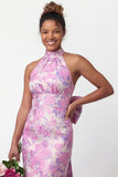 Halter Lilac Flower Mermaid Printed Long Bridesmaid Dress with Bow