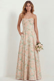 White Blue Floral Strapless A Line Printed Long Bridesmaid Dress with Pockets