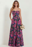 White Blue Floral Strapless A Line Printed Long Bridesmaid Dress with Pockets