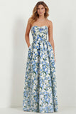 White Blue Floral Strapless A Line Printed Long Bridesmaid Dress with Pockets