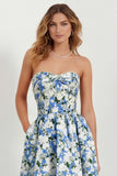 White Blue Floral Strapless A Line Printed Long Bridesmaid Dress with Pockets