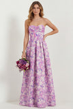 White Blue Floral Strapless A Line Printed Long Bridesmaid Dress with Pockets