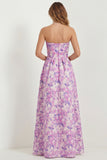 White Blue Floral Strapless A Line Printed Long Bridesmaid Dress with Pockets