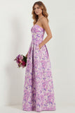 White Blue Floral Strapless A Line Printed Long Bridesmaid Dress with Pockets