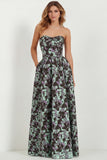 White Blue Floral Strapless A Line Printed Long Bridesmaid Dress with Pockets