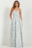White Blue Floral Strapless A Line Printed Long Bridesmaid Dress with Pockets