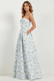 White Blue Floral Strapless A Line Printed Long Bridesmaid Dress with Pockets