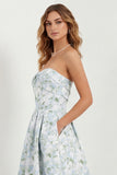 White Blue Floral Strapless A Line Printed Long Bridesmaid Dress with Pockets