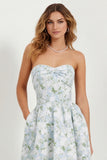 White Blue Floral Strapless A Line Printed Long Bridesmaid Dress with Pockets