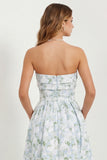 White Blue Floral Strapless A Line Printed Long Bridesmaid Dress with Pockets