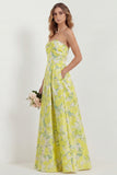 White Blue Floral Strapless A Line Printed Long Bridesmaid Dress with Pockets