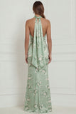 Halter Sage Green Floral Sheath Satin Long Bridesmaid Dress