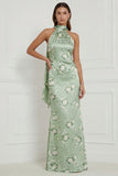 Halter Sage Green Floral Sheath Satin Long Bridesmaid Dress