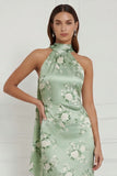 Halter Sage Green Floral Sheath Satin Long Bridesmaid Dress
