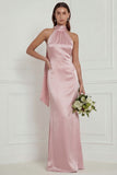 Green Halter Mermaid Satin Long Bridesmaid Dress with Streamer