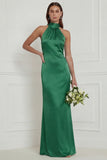 Green Halter Mermaid Satin Long Bridesmaid Dress with Streamer