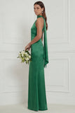 Green Halter Mermaid Satin Long Bridesmaid Dress with Streamer