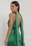 Green Halter Mermaid Satin Long Bridesmaid Dress with Streamer