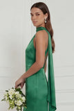 Green Halter Mermaid Satin Long Bridesmaid Dress with Streamer