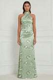 Sage Green Floral Mermaid Halter Printed Long Bridesmaid Dress with Streamer